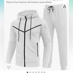 men’s white sweatsuit with black lines